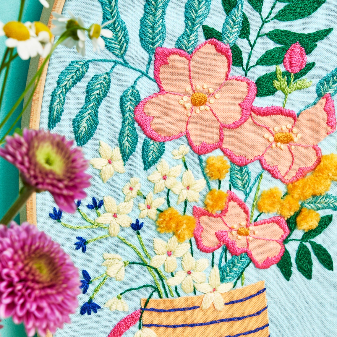 Stitch & applique flowers oval hoop embroidery pattern PDF