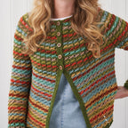 Multicolored striped cardigan worn by a person with a white background