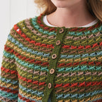 Colorful knitted cardigan with button details on a plain background