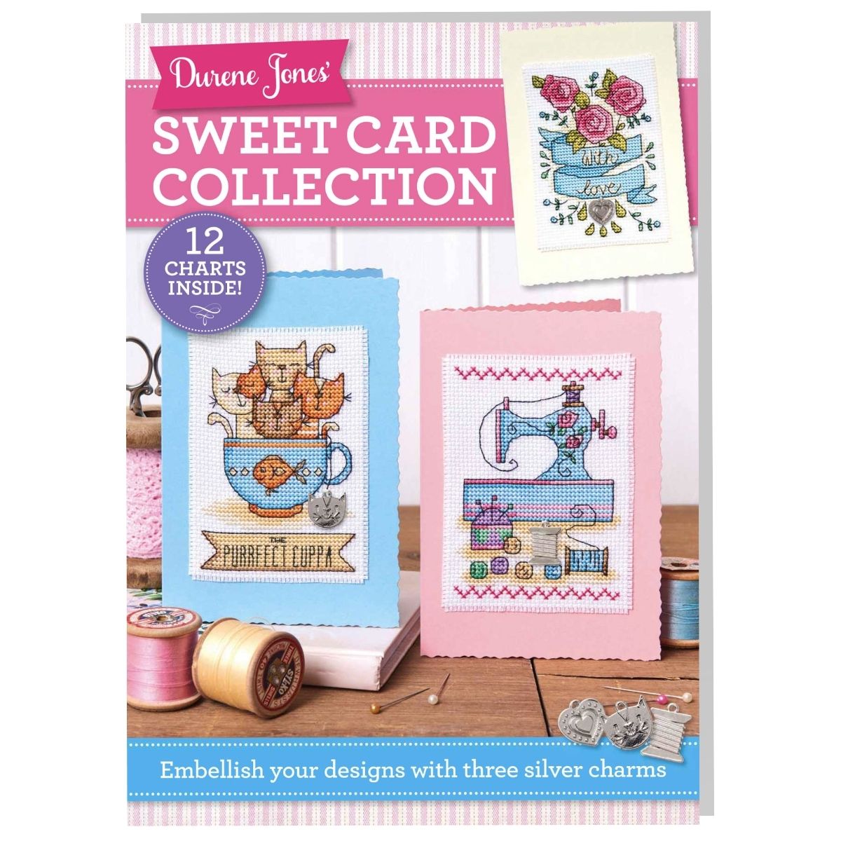 The image shows the cover of the 'Sweet Card Cross Stitch Collection PDF', featuring a selection of cross stitch designs for cards with romantic roses, cute kitties, and sewing themes.