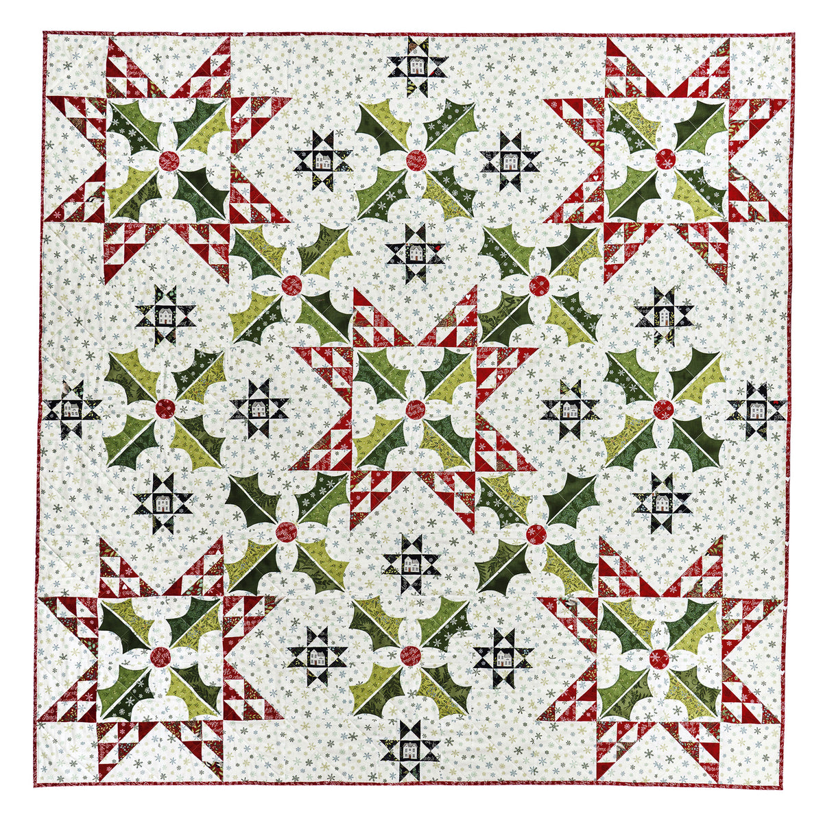 Quilt with geometric pattern featuring green, red, and black on a white background