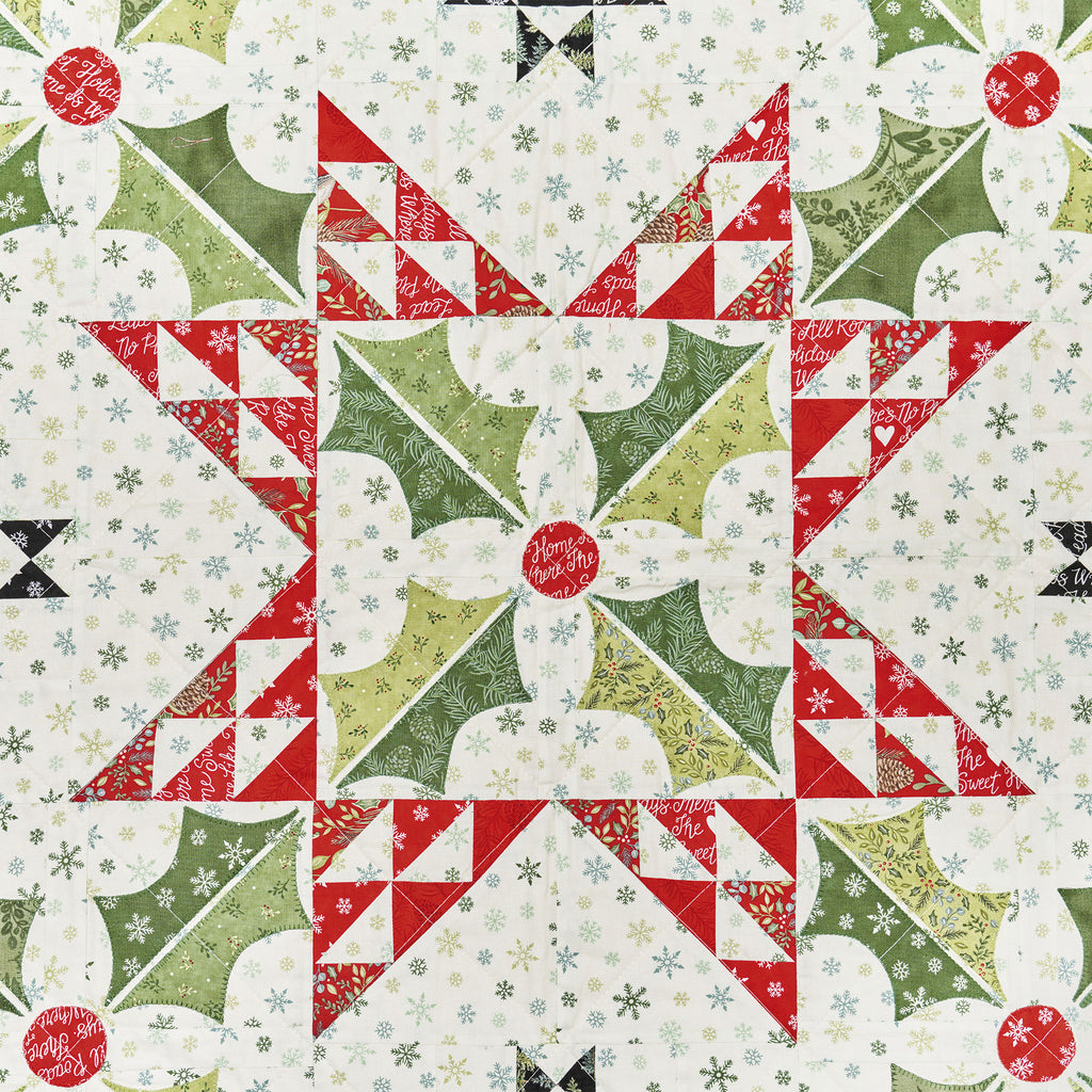 Quilt pattern with red, green, and white stars and geometric shapes.
