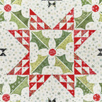 Quilt pattern with red, green, and white stars and geometric shapes.