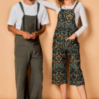 Two people wearing different styles of overalls against a beige background