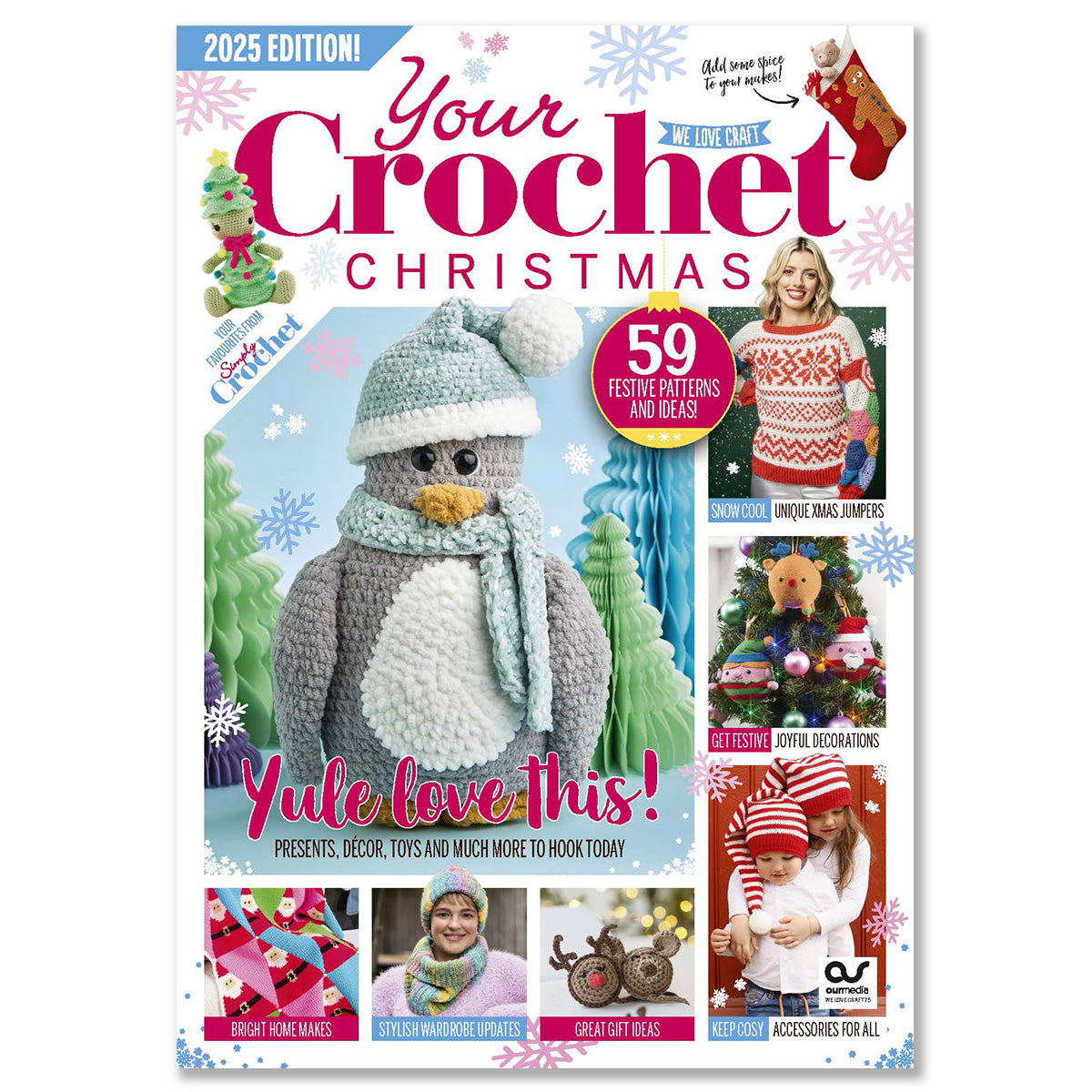 Cover of "Your Crochet Christmas 2025" magazine. Features a crocheted penguin in a winter hat and scarf, with festive patterns and decorations. Bright, cheerful tones.