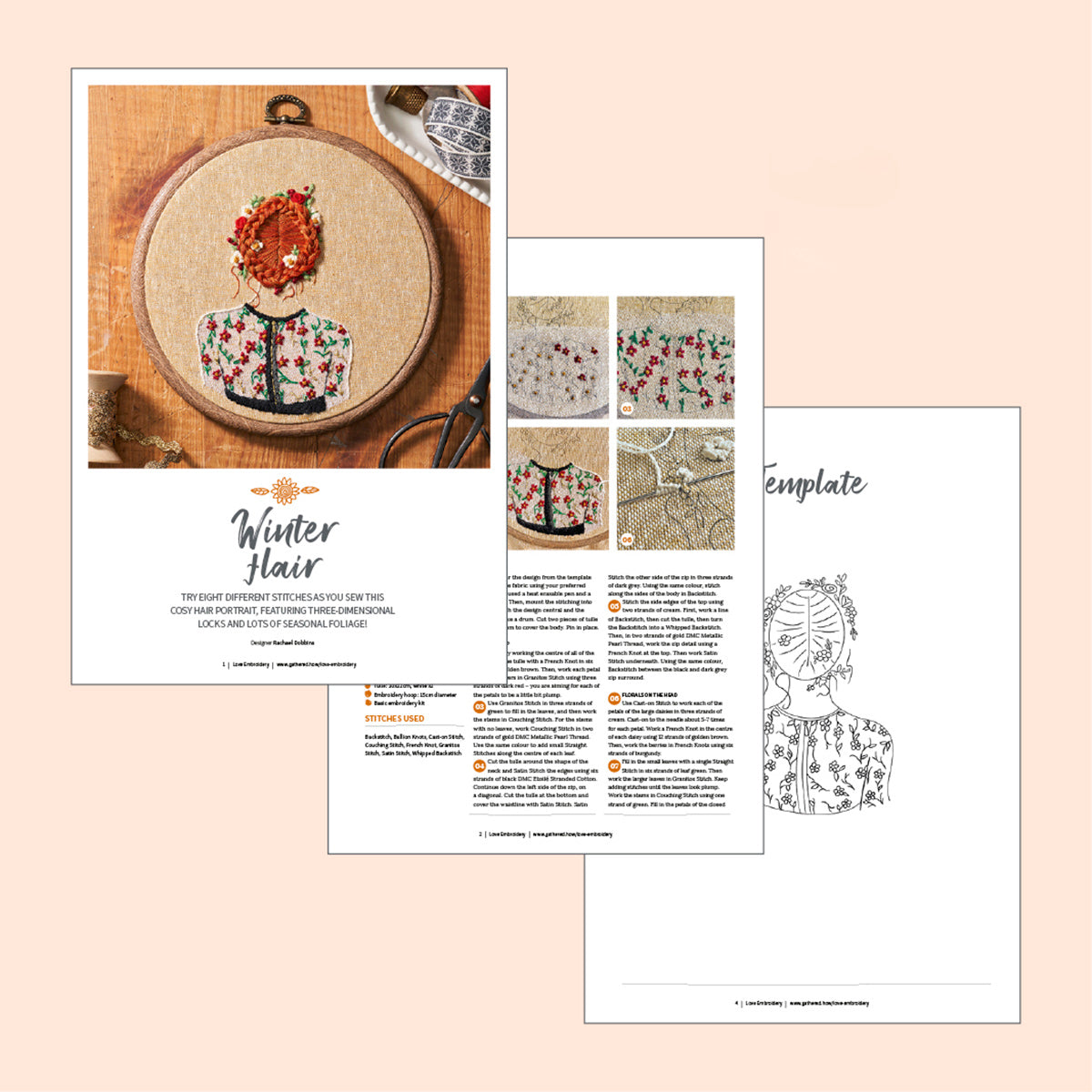 Embroidery hoop with floral design, pattern guide, and template on a beige background
