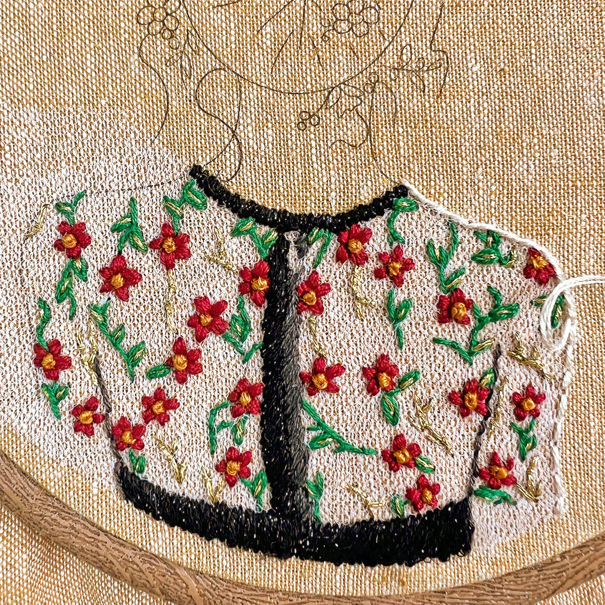 Embroidered design of a garment with floral patterns on a beige fabric background