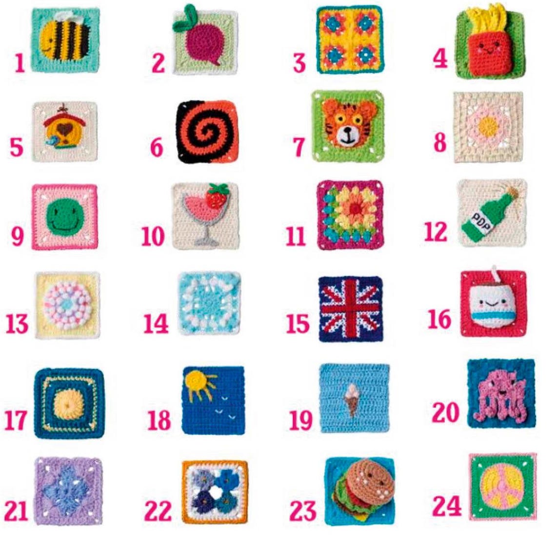 Twenty-four crocheted squares, each displaying a different colorful design, such as animals, flags, and symbols. Vibrant and playful theme.