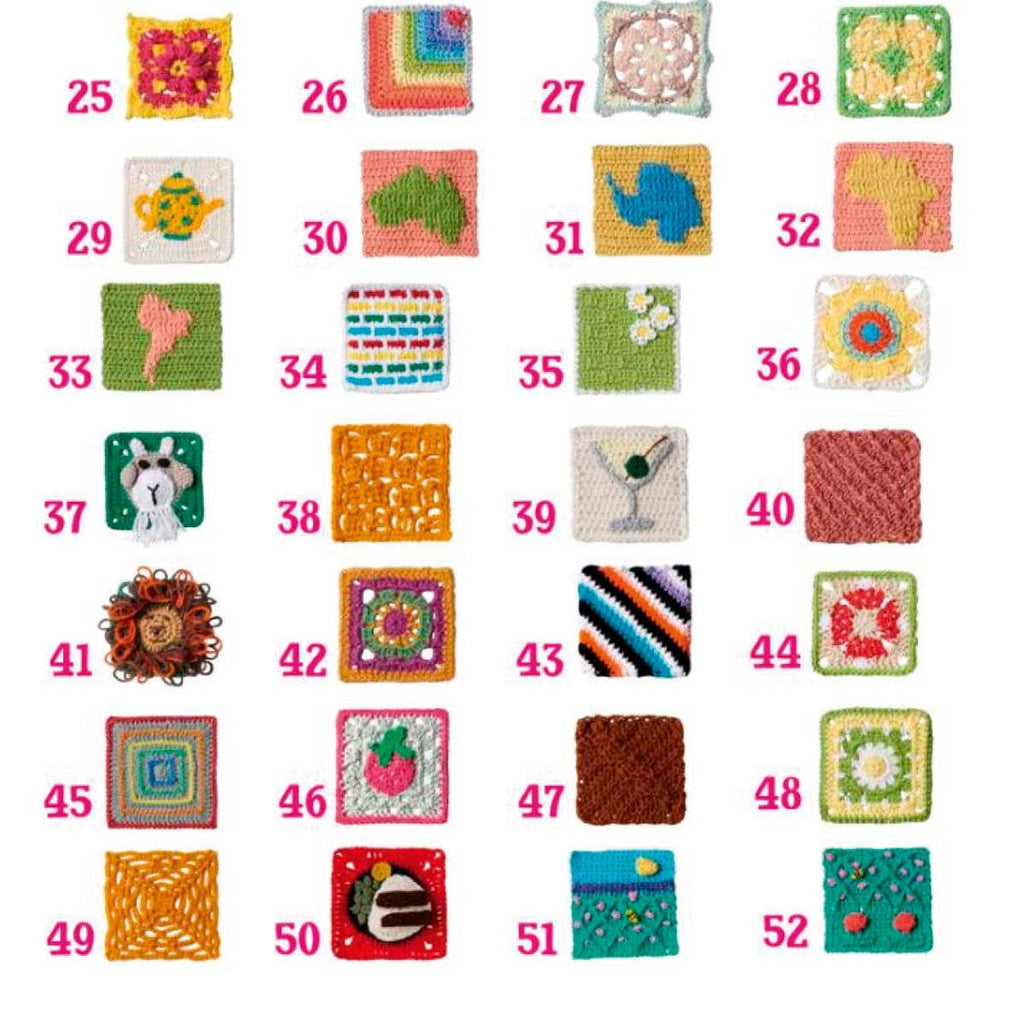 A grid of colorful crocheted squares, each with unique designs like floral patterns, animals, and geometric shapes. Numbers beside each square from 25 to 52.
