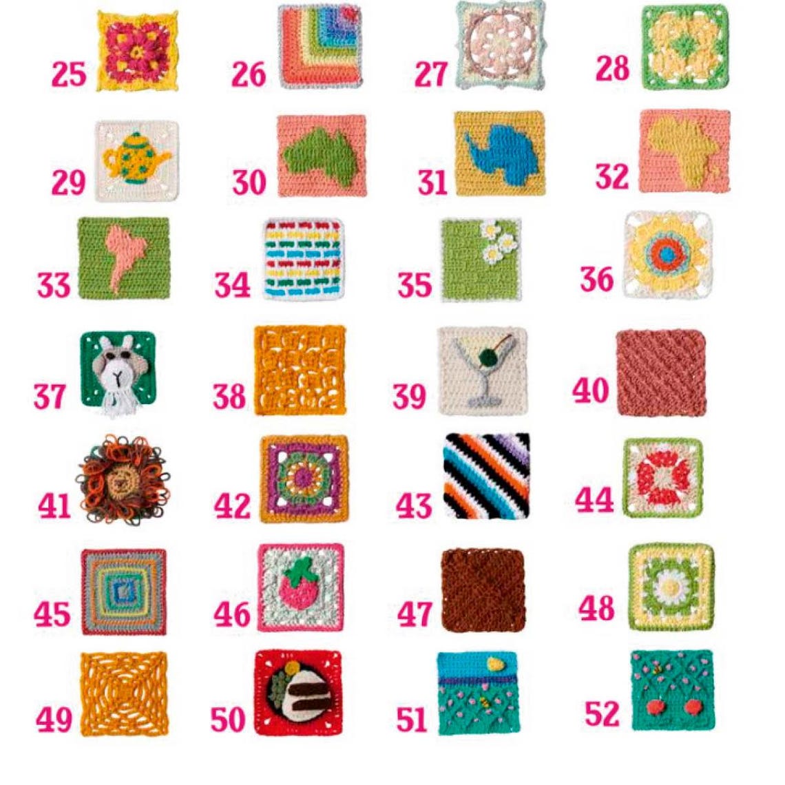 A grid of colorful crocheted squares, each with unique designs like floral patterns, animals, and geometric shapes. Numbers beside each square from 25 to 52.