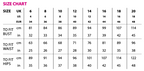 Size chart for clothing measurements in centimeters and inches