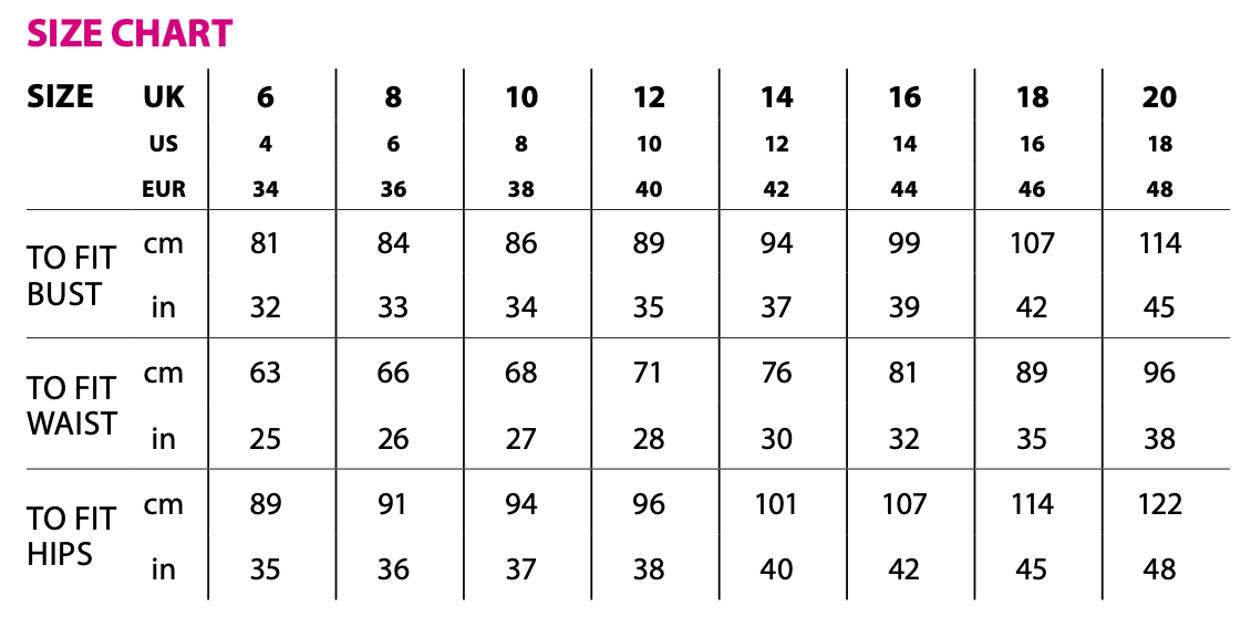 Size chart for clothing measurements in centimeters and inches
