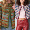 Two colorful crochet cardigans worn by different models, one with a patterned design and the other with a multicolor pattern.
