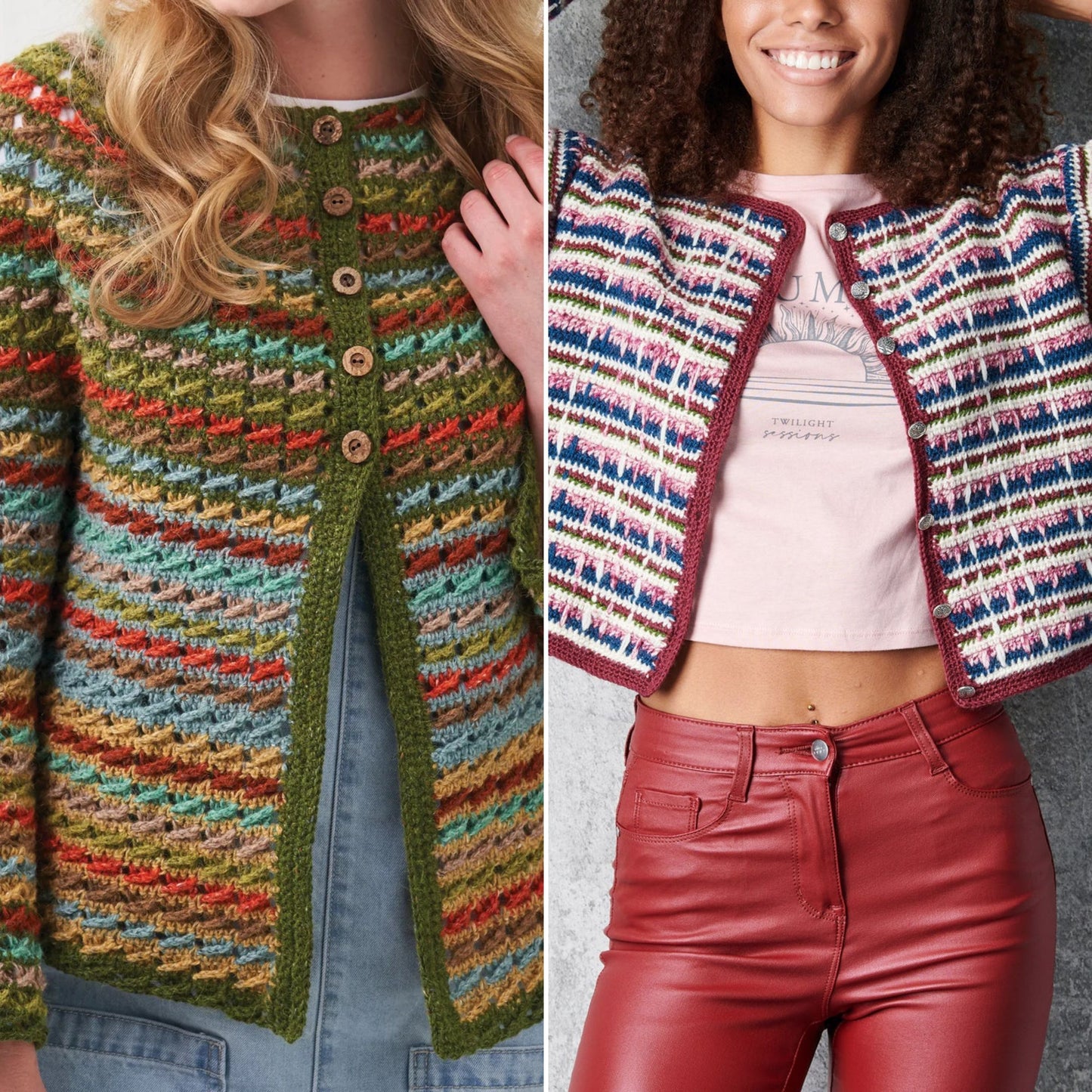 Two colorful crochet cardigans worn by different models, one with a patterned design and the other with a multicolor pattern.