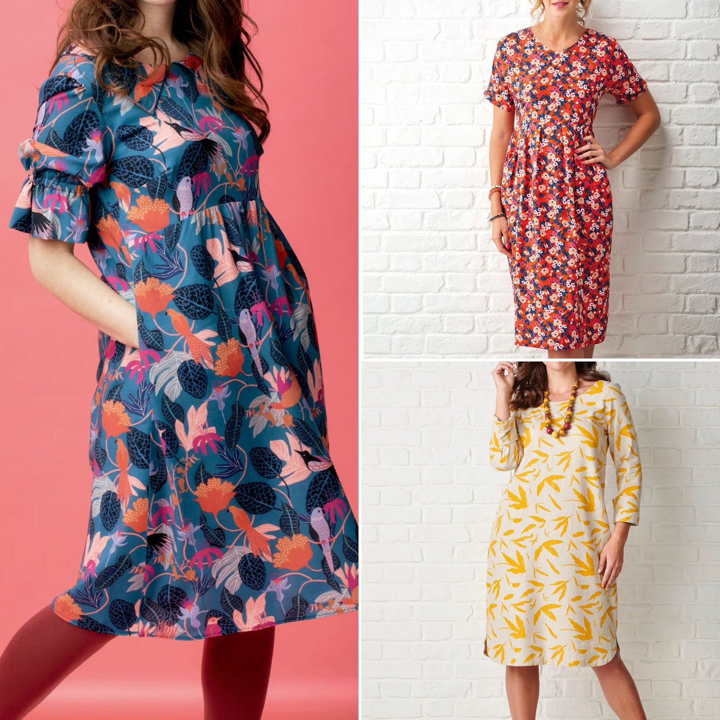 Three different floral dresses shown against various backgrounds.