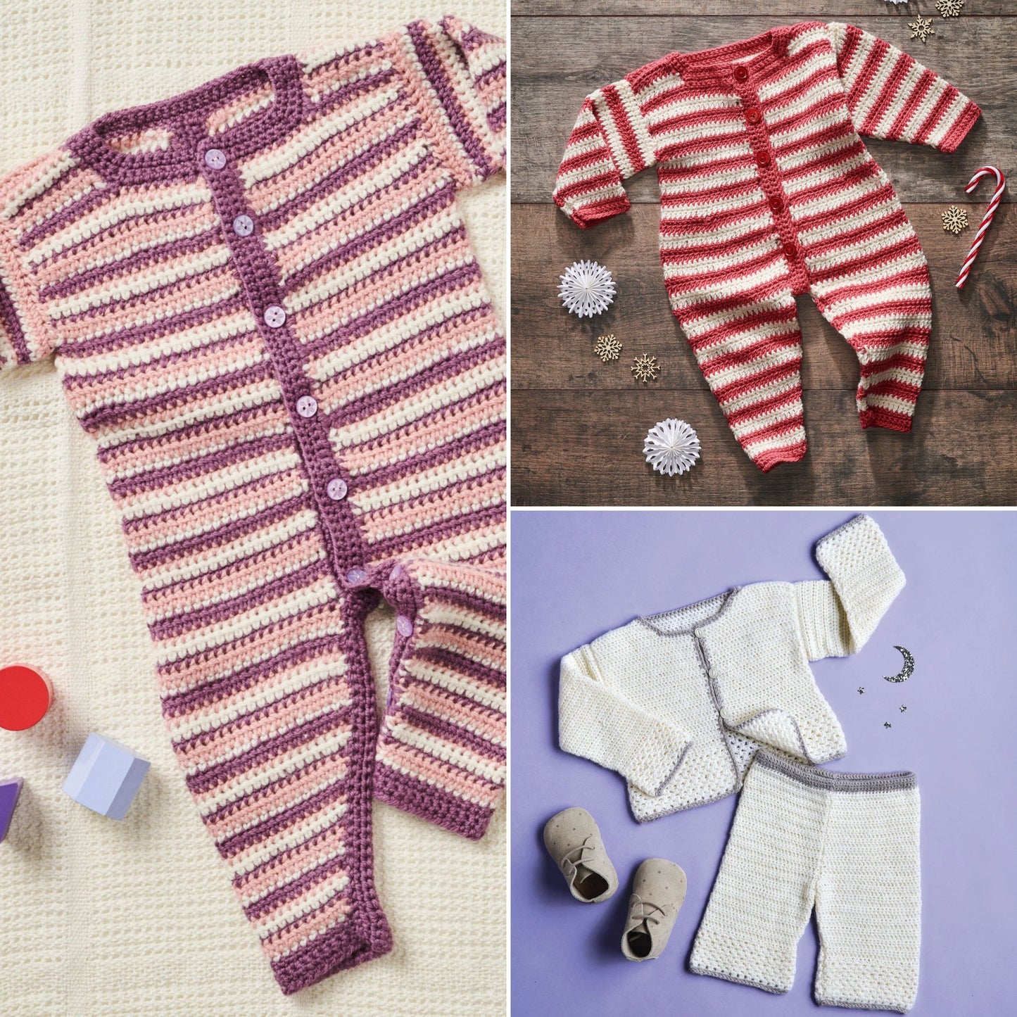 Three images of crocheted baby outfits in different colors and styles.