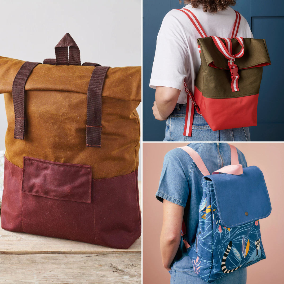 Collage of three backpacks: a brown and red one on a wooden surface, a red and green one on a person's back against a blue wall, and a blue one with a floral pattern on a person's back against a pink background.