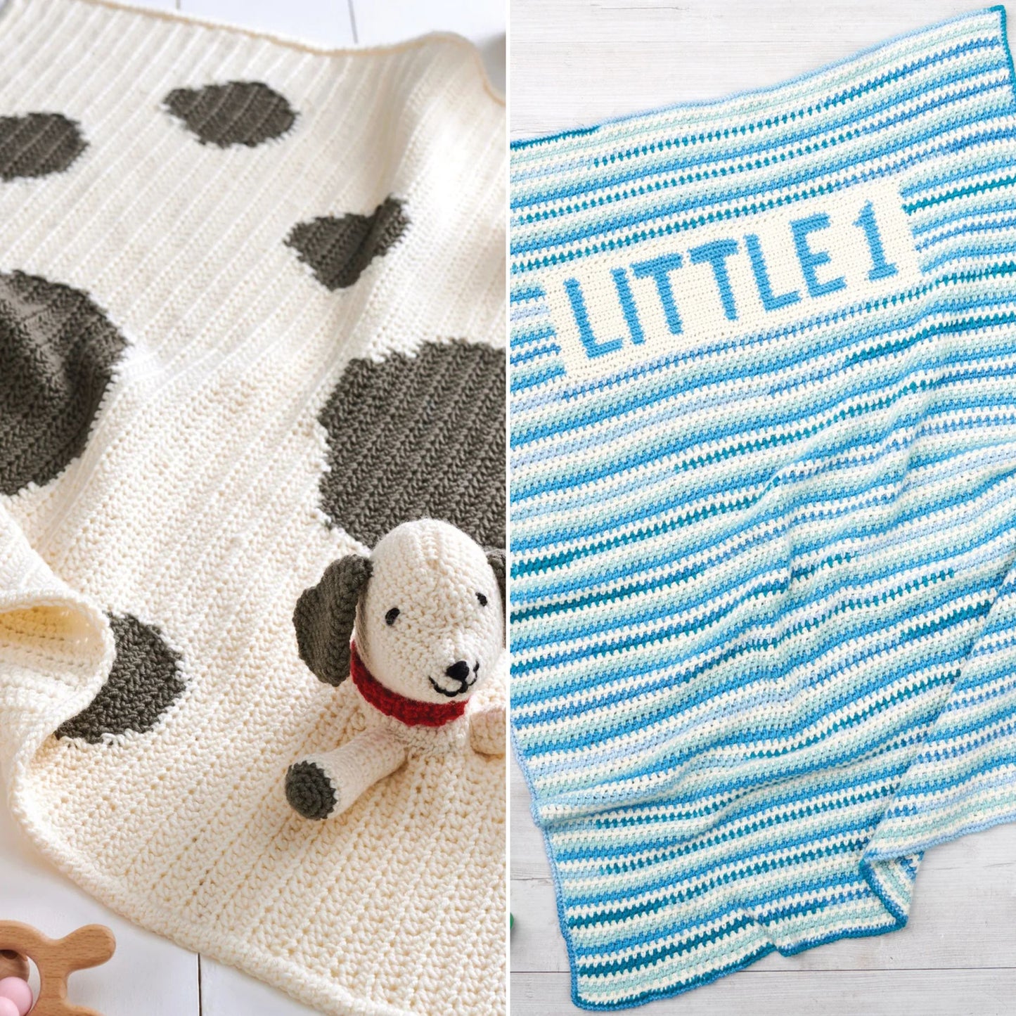 Two baby blankets, one with a dog design and the other with 'LITTLE 1' text, on a white surface.