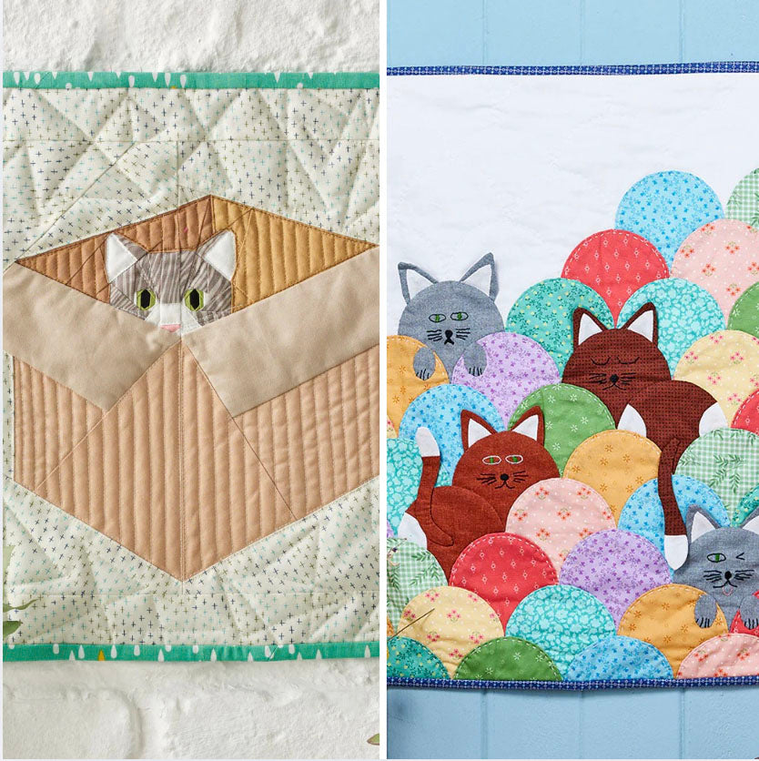 A collage image showing two modern cat quilt patterns. One shows a cat peeking out of a box, while the other shows stylised cats on a colourful clamshell-patterned background.
