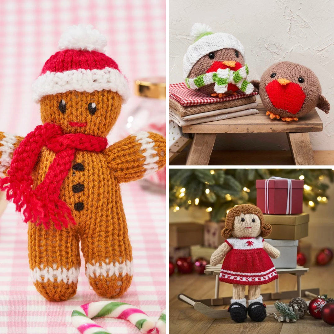 Christmas toys knitting patterns including a gingerbread man, two rounded robins and a little girl wearing a red and white Christmas dress