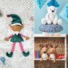 Collage of Christmas-themed plush toys including an elf, polar bear, and reindeer on a patterned background.