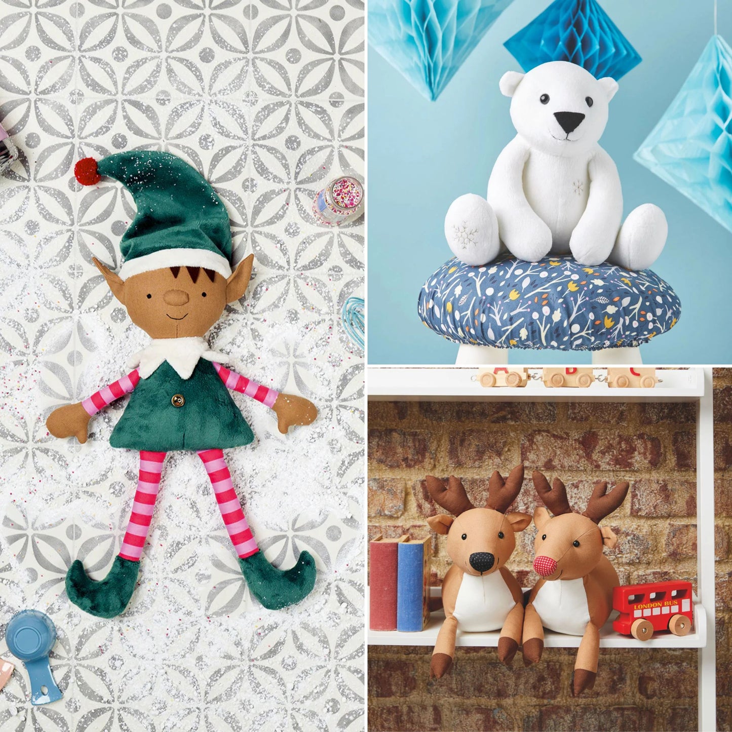 Collage of Christmas-themed plush toys including an elf, polar bear, and reindeer on a patterned background.