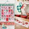 Collage of Christmas-themed fabric products including an advent calendar, stockings, and a table runner.