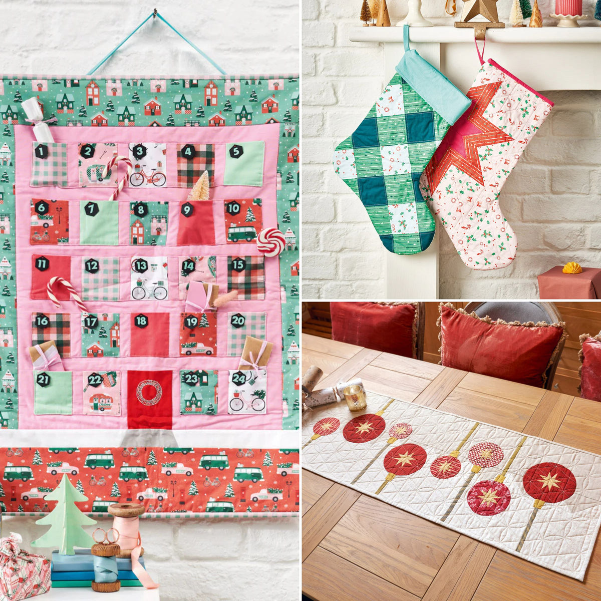 Collage of Christmas-themed fabric products including an advent calendar, stockings, and a table runner.