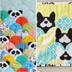 Two quilt patterns featuring panda and dog designs with colorful circles.