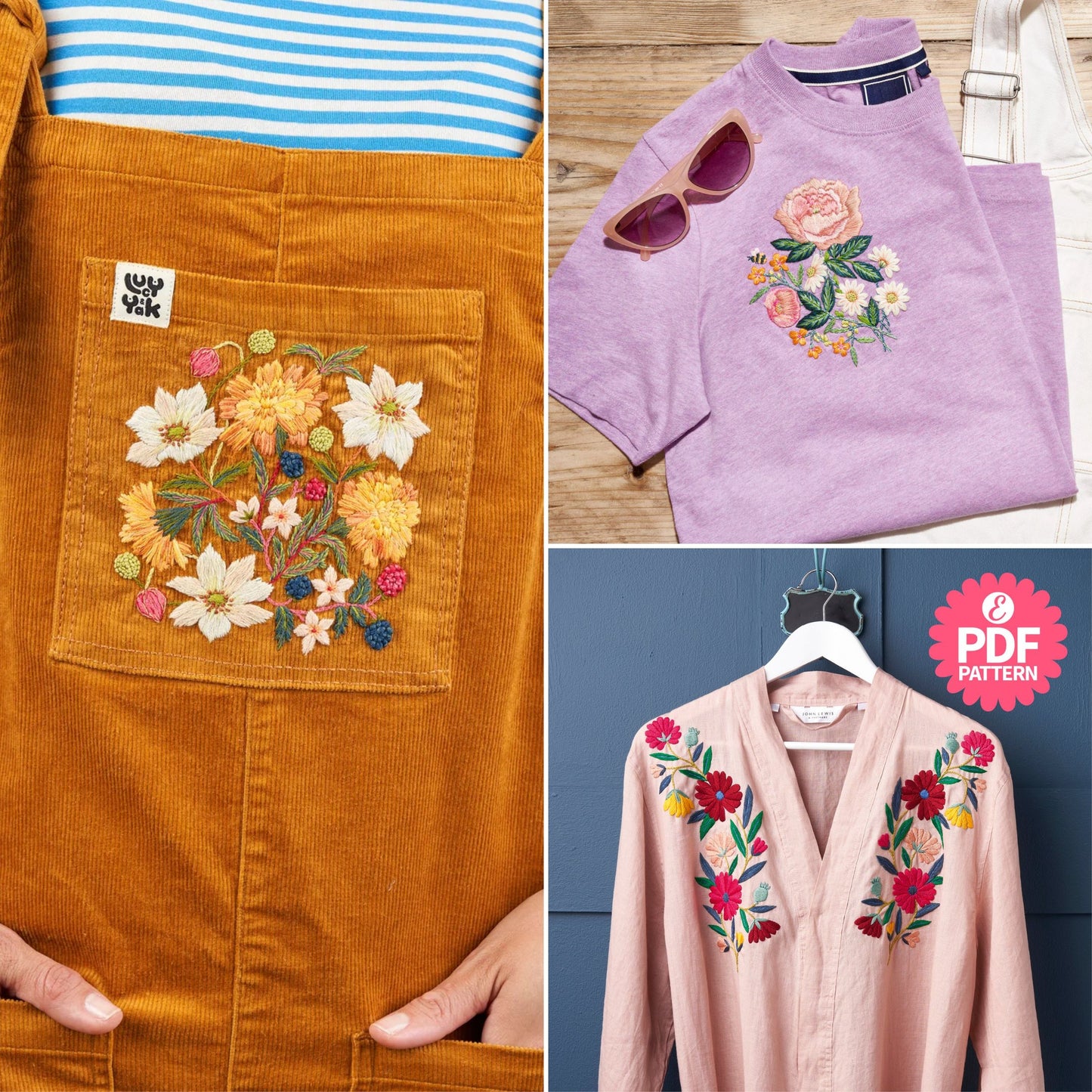 Collage of embroidered floral designs on clothing with a PDF pattern logo.