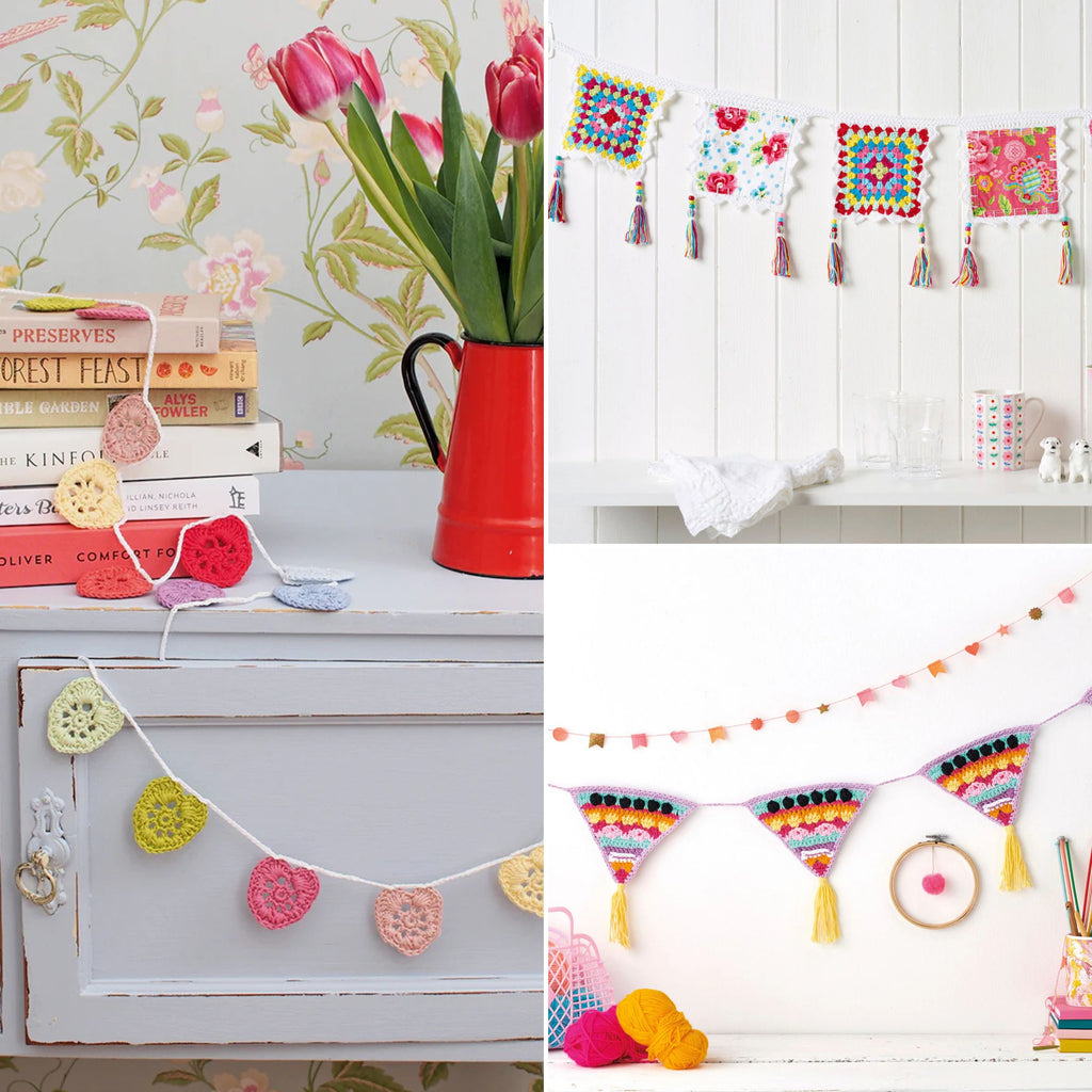 Collage of colorful crochet decorations including a banner and bunting.