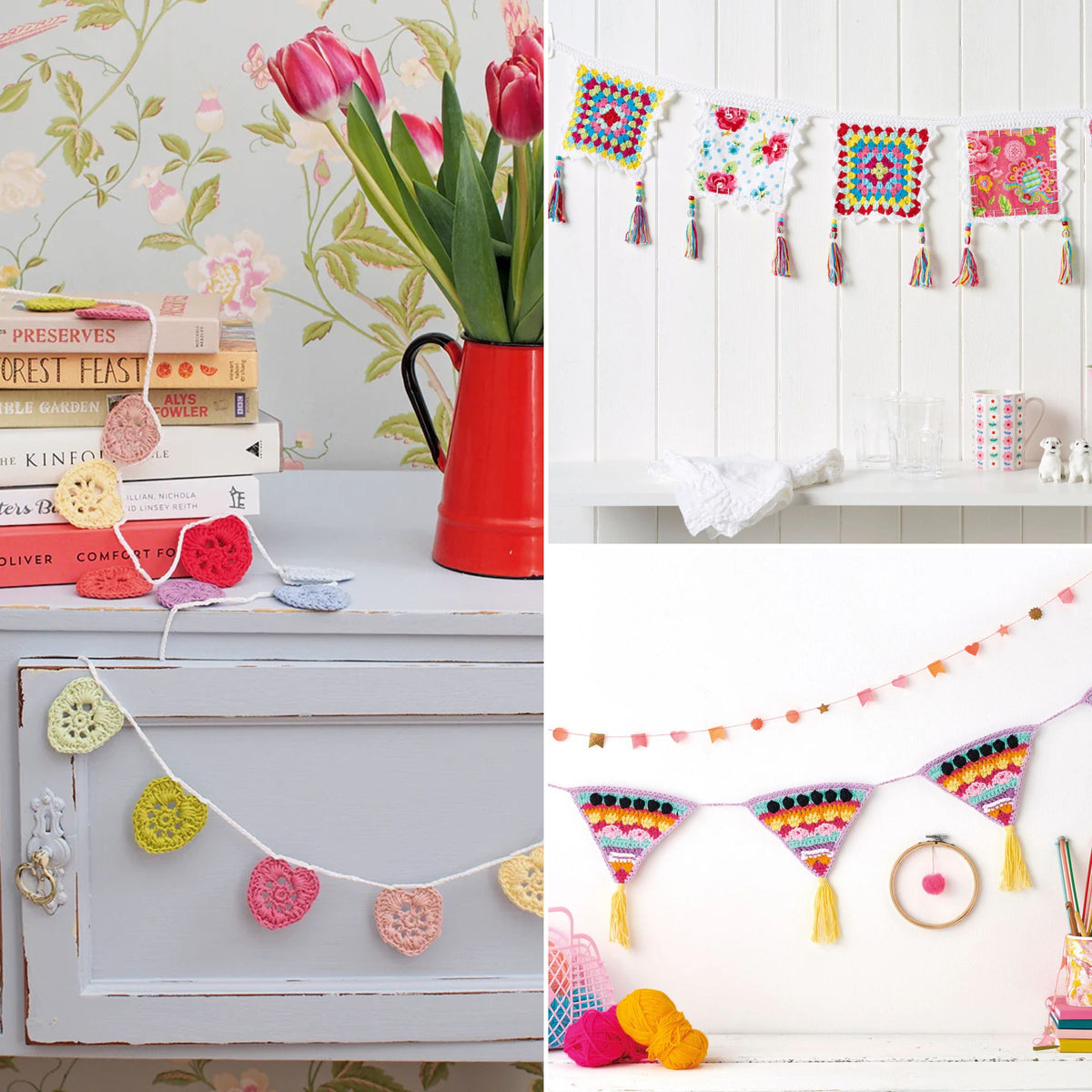 Collage of colorful crochet decorations including a banner and bunting.