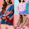 Three colorful sweaters worn by different people on a pink, blue, and pink background respectively.