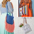 Collage of three different crochet bags in various colors and styles.