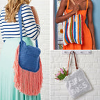 Collage of three different crochet bags in various colors and styles.