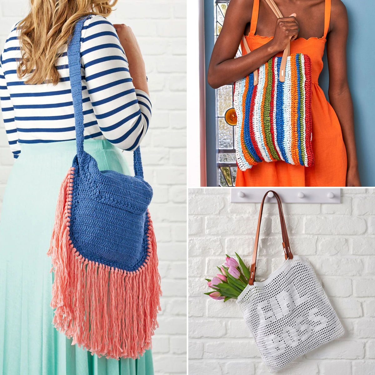 Collage of three different crochet bags in various colors and styles.