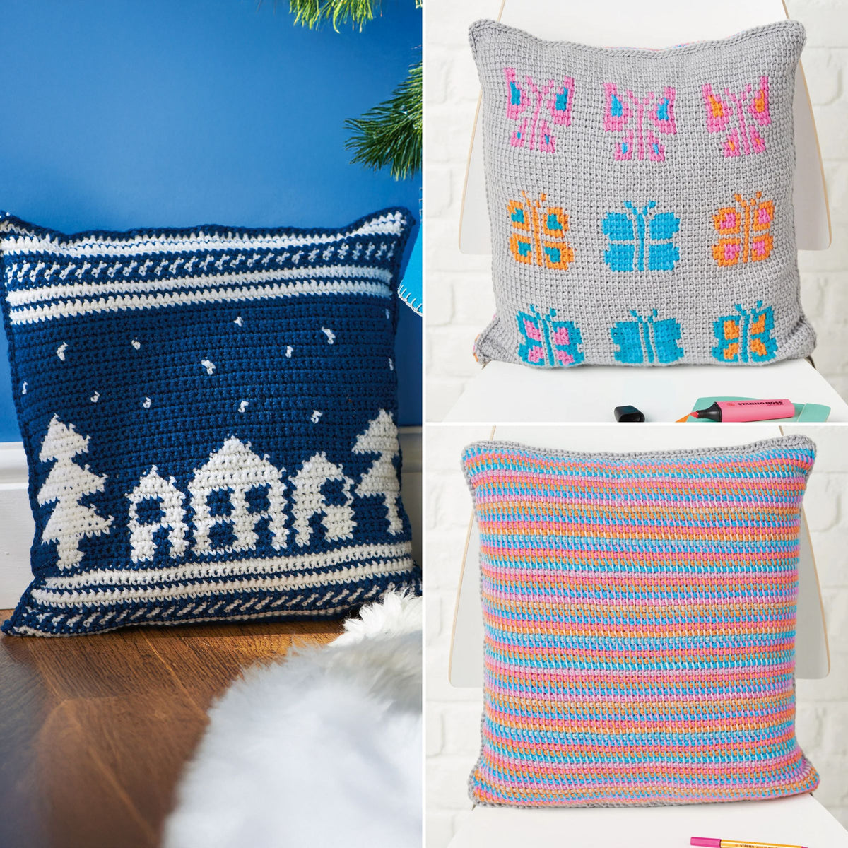 Three crocheted pillows with different patterns on a white background.