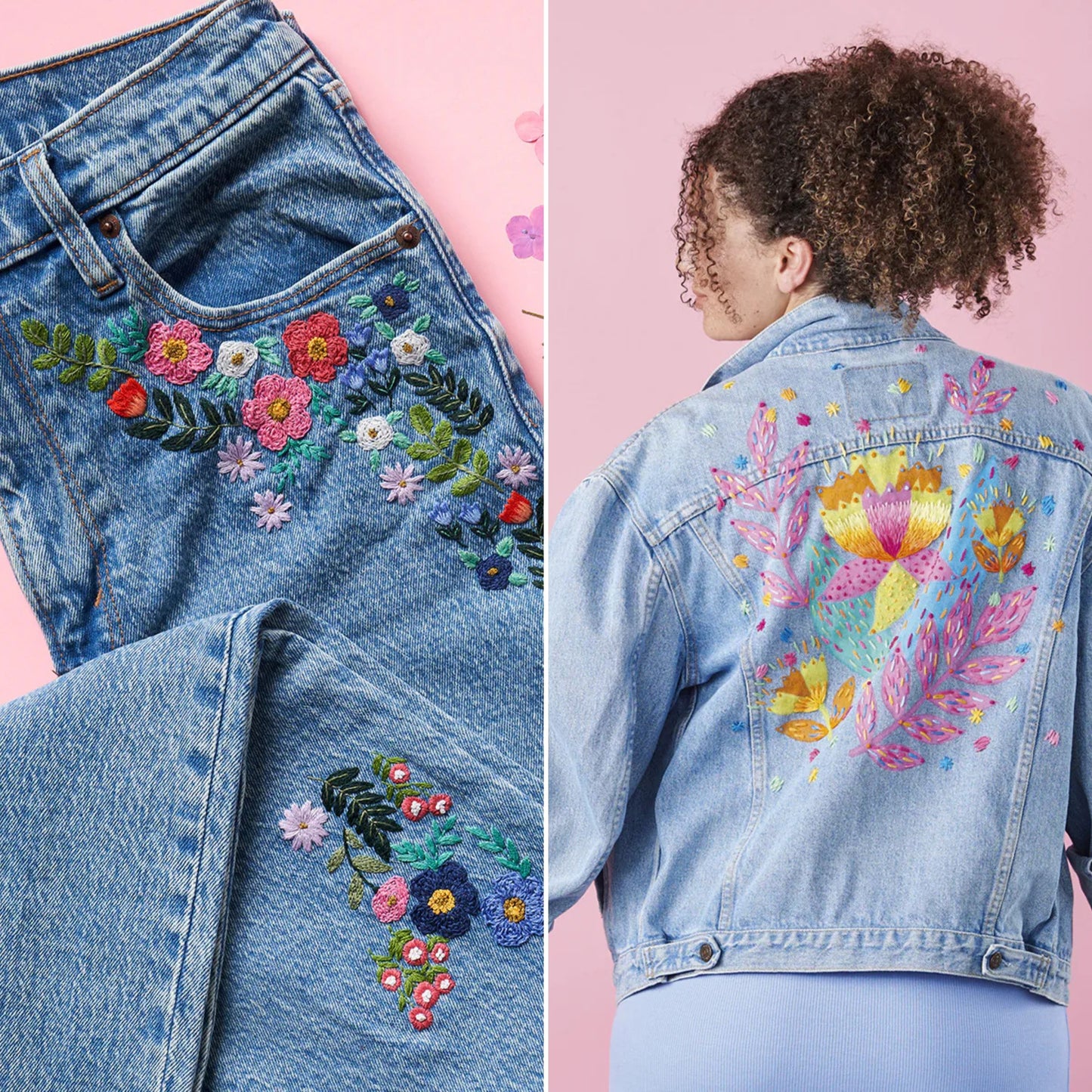 Denim jacket with floral embroidery on a pink background
