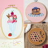 Collage of three embroidered artworks in hoops, including a milkshake, pancakes with blueberries, and a pie.