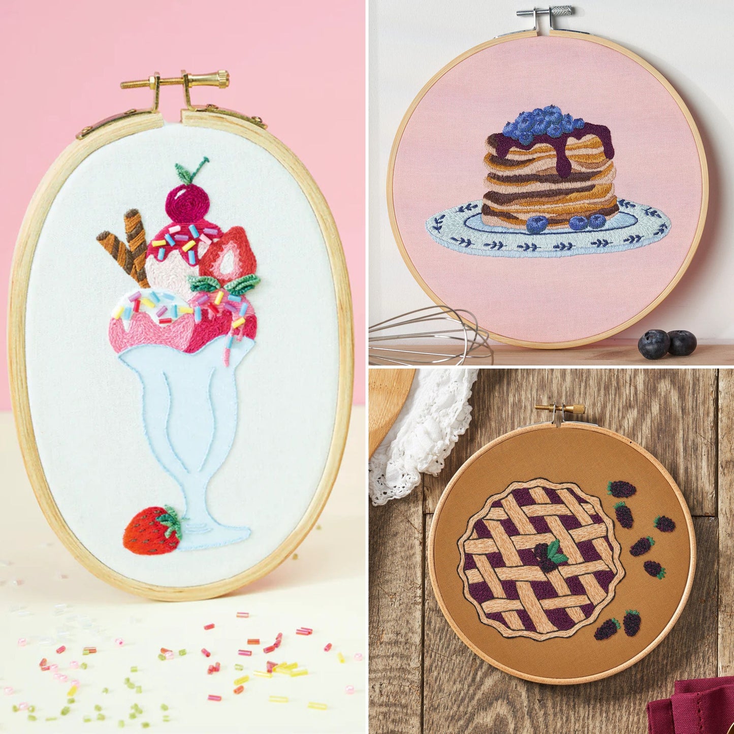 Collage of three embroidered artworks in hoops, including a milkshake, pancakes with blueberries, and a pie.