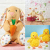 Collage of plush toys including a rabbit, sheep, and ducks on a white background.