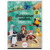 A cover image of a crochet pattern book featuring various amigurumi designs of endangered animals, including a butterfly, a tapir, and a polar bear, with a colorful background.