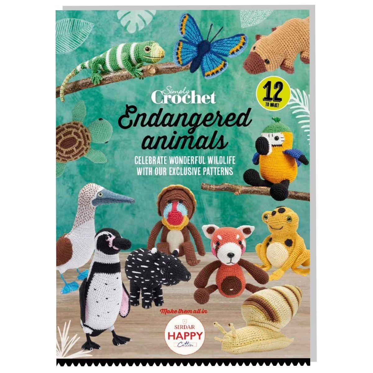 A cover image of a crochet pattern book featuring various amigurumi designs of endangered animals, including a butterfly, a tapir, and a polar bear, with a colorful background.