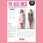 Sewing pattern for 'The Alice Dress' with a pink border and measurements.