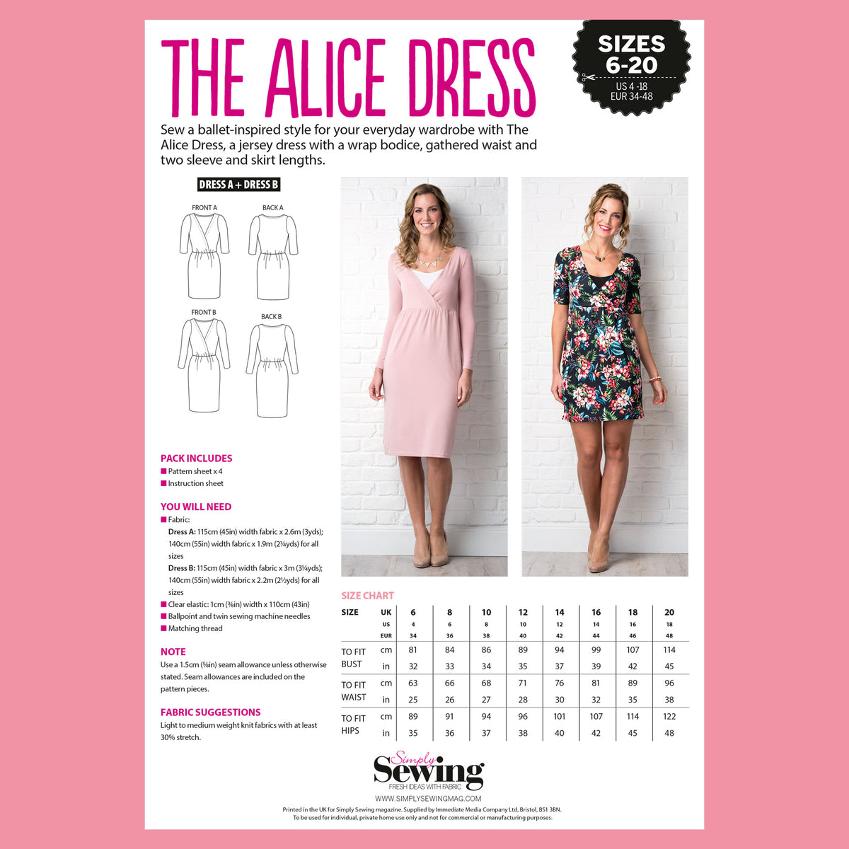 Sewing pattern for 'The Alice Dress' with a pink border and measurements.