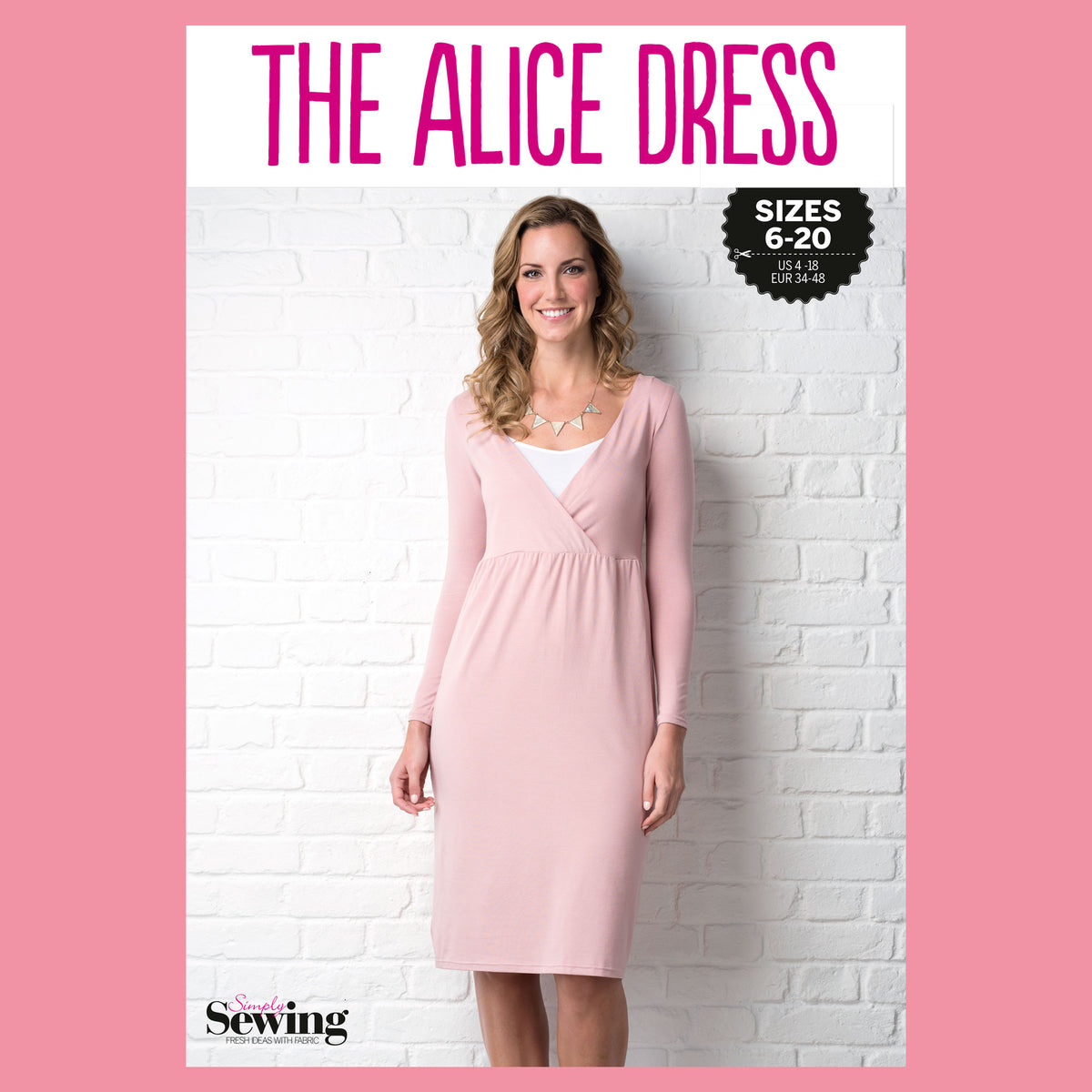 Book cover of 'The Alice Dress' with a model wearing a pink dress against a white brick wall.