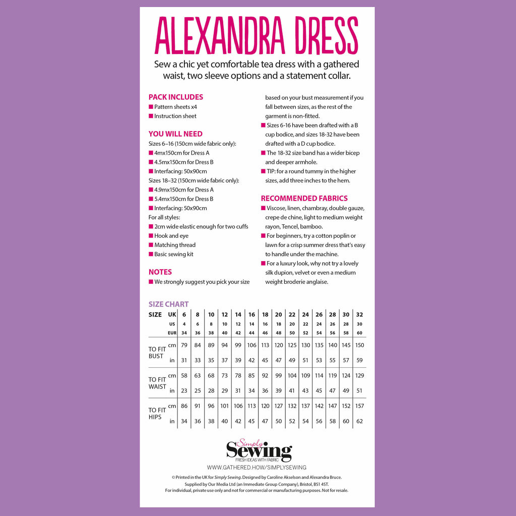 Sewing pattern for Alexandra Dress on a purple background