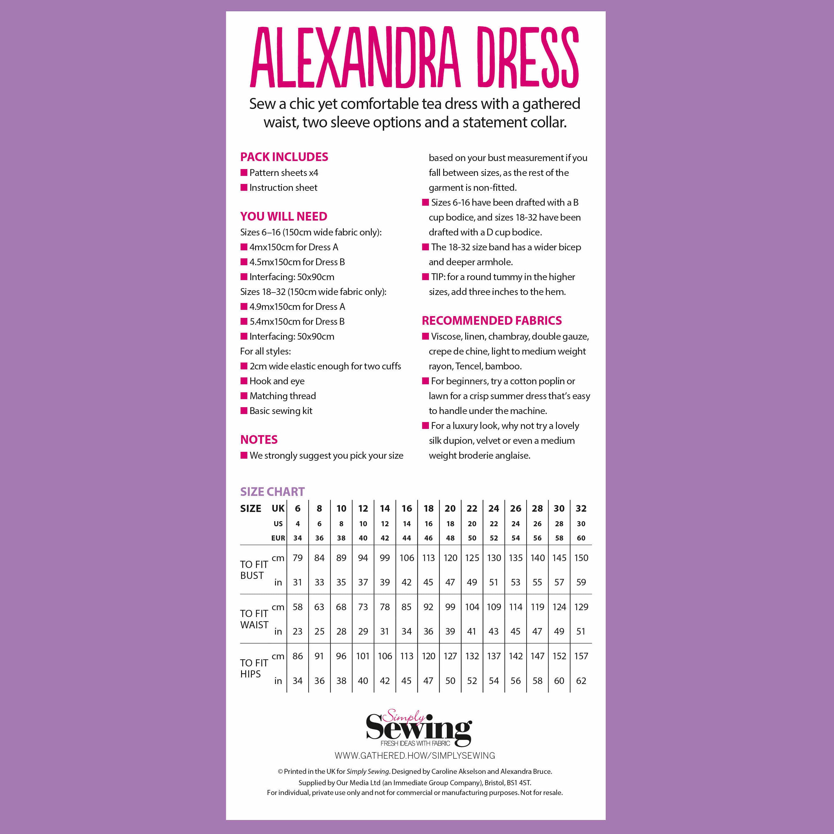 Sewing pattern for Alexandra Dress on a purple background