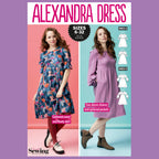 Sewing pattern cover for Alexandra Dress with two models wearing dresses and product details.