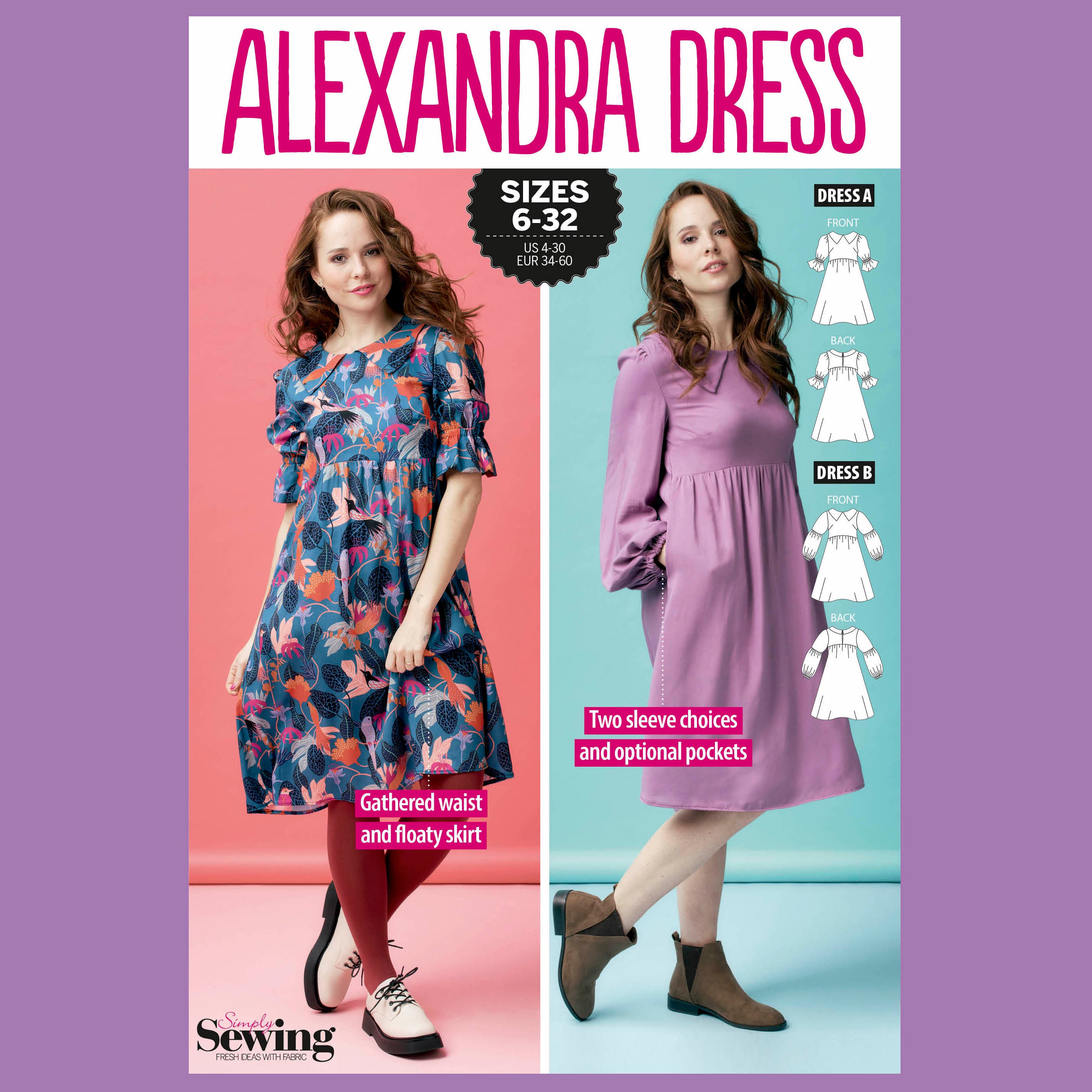 Sewing pattern cover for Alexandra Dress with two models wearing dresses and product details.